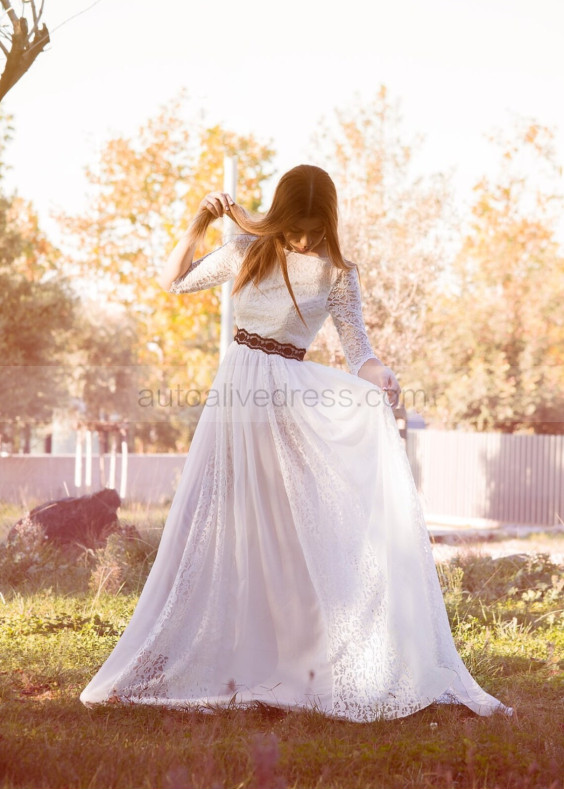 Ivory Lace Chiffon Pearl Buttons Back Classic Wedding Dress Ivory Lace Chiffon Pearl Buttons Back Classic Wedding Dress